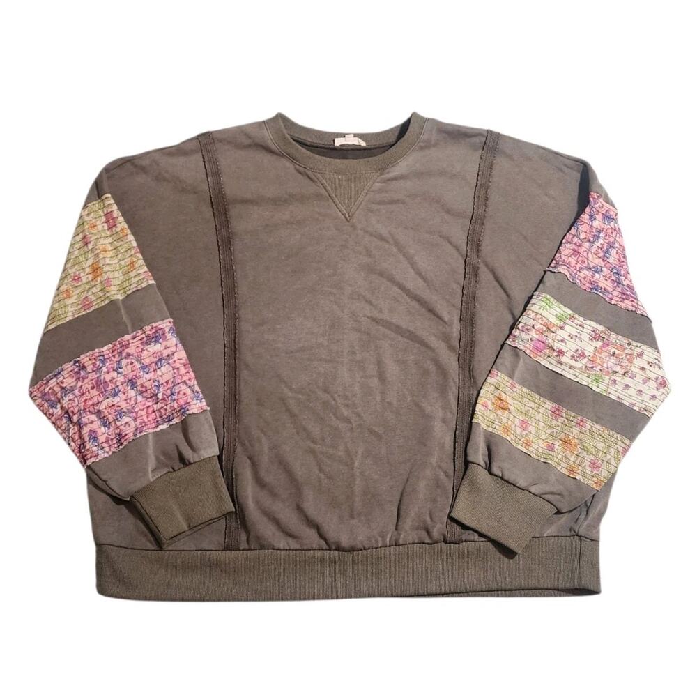 Easel Large Mineral Wash Patchwork Sleeve Sweatshirt Boho Oversized Pullover - Picture 2 of 11